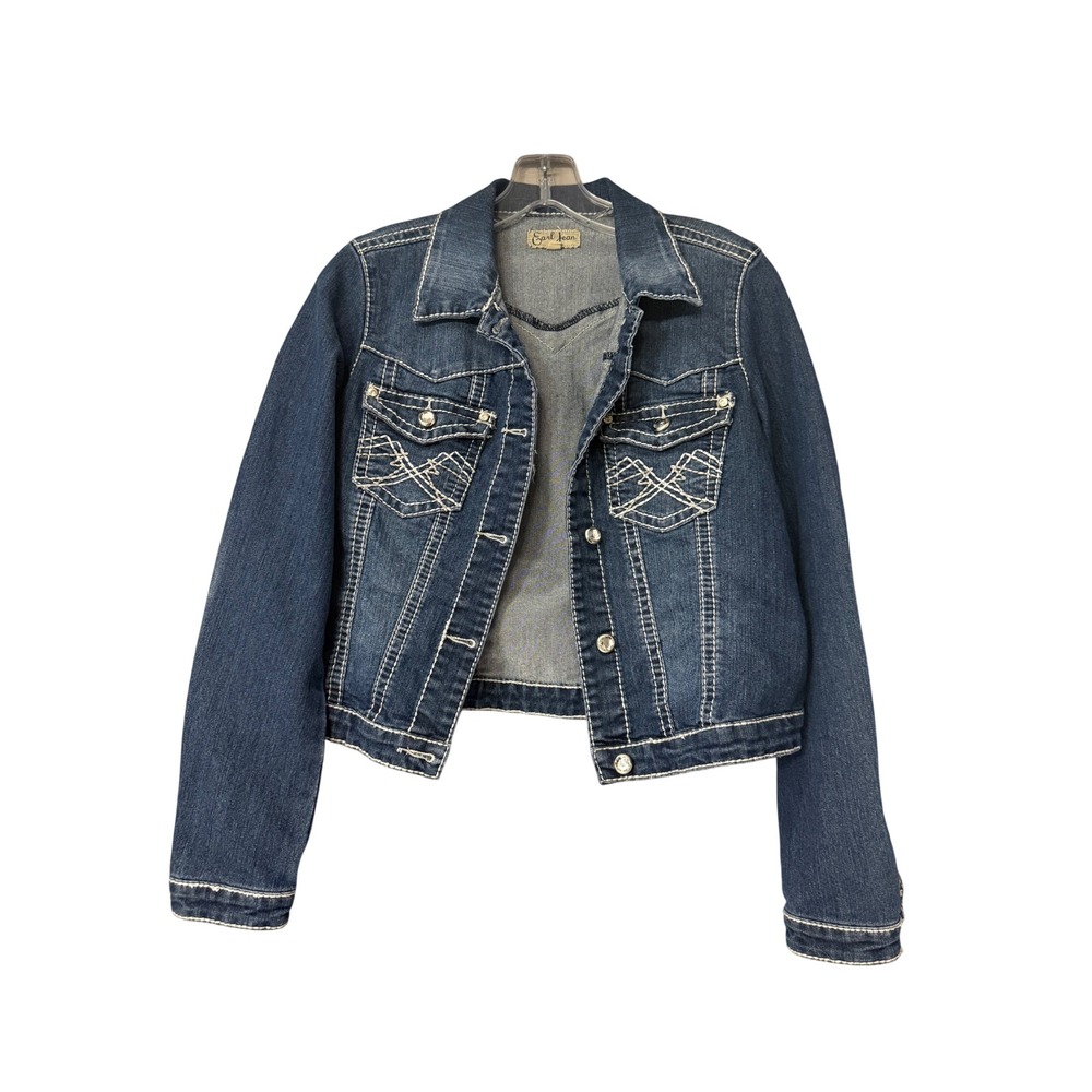 Earl Jean Womens Small Dark Wash Denim Jacket Rhinestone Western Contrast Stitch